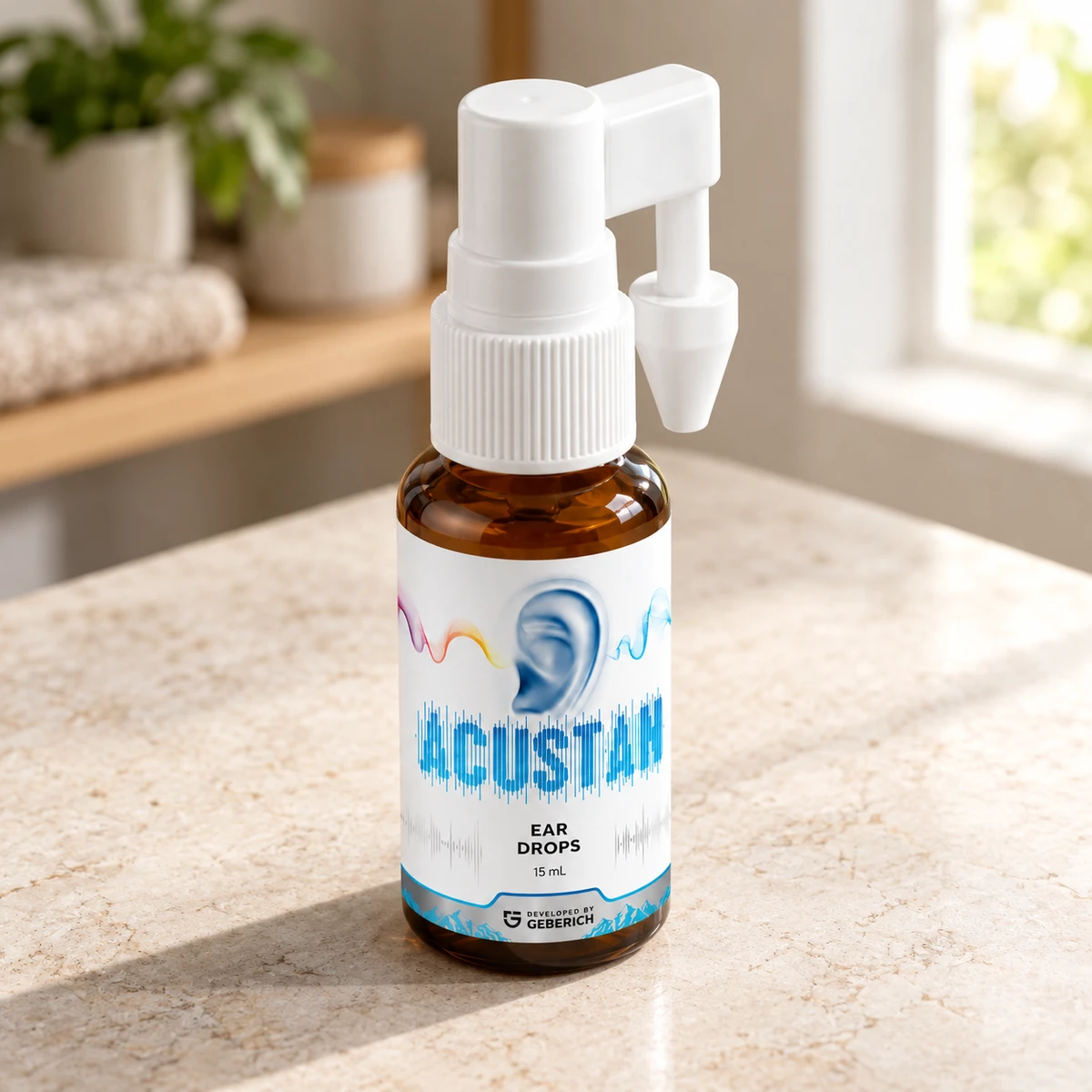 Acustan – flacone di gocce per l'orecchio su un piano in bagno