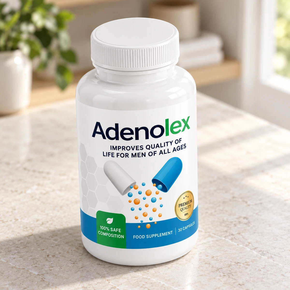 Adenolex – barattolo di capsule su un piano di marmo