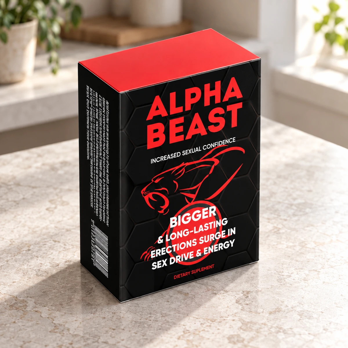 Alpha Beast – scatola di capsule su un piano di marmo