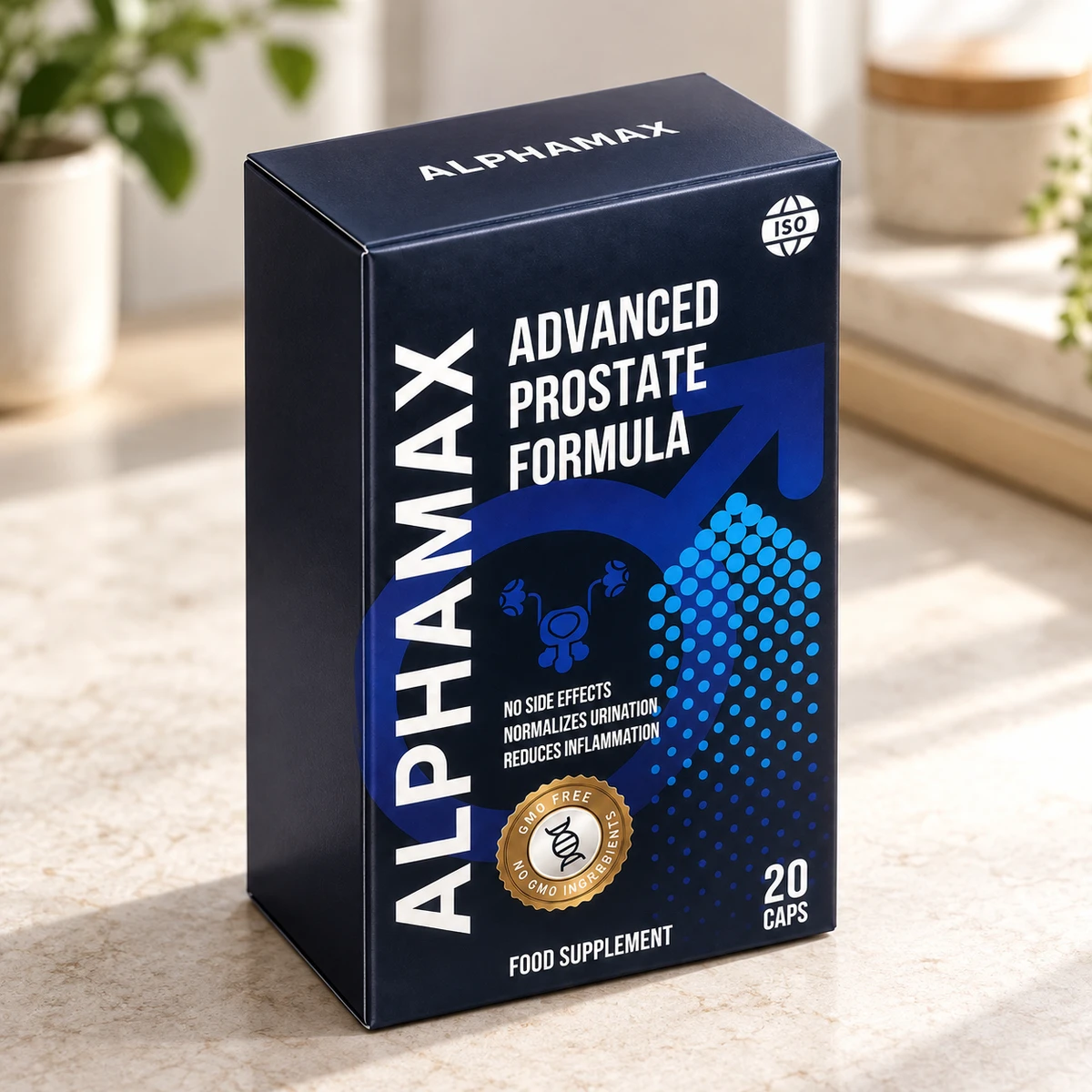 Alphamax – scatola di capsule su un piano di marmo