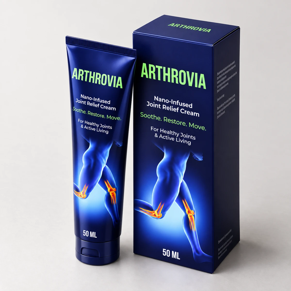 Arthrovia – tubo blu accanto alla confezione, vista di tre quarti