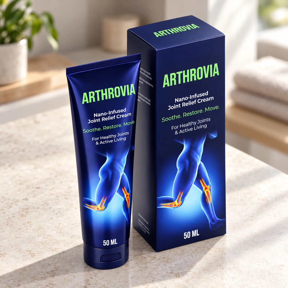 Arthrovia – crema per articolazioni su un piano di marmo in bagno