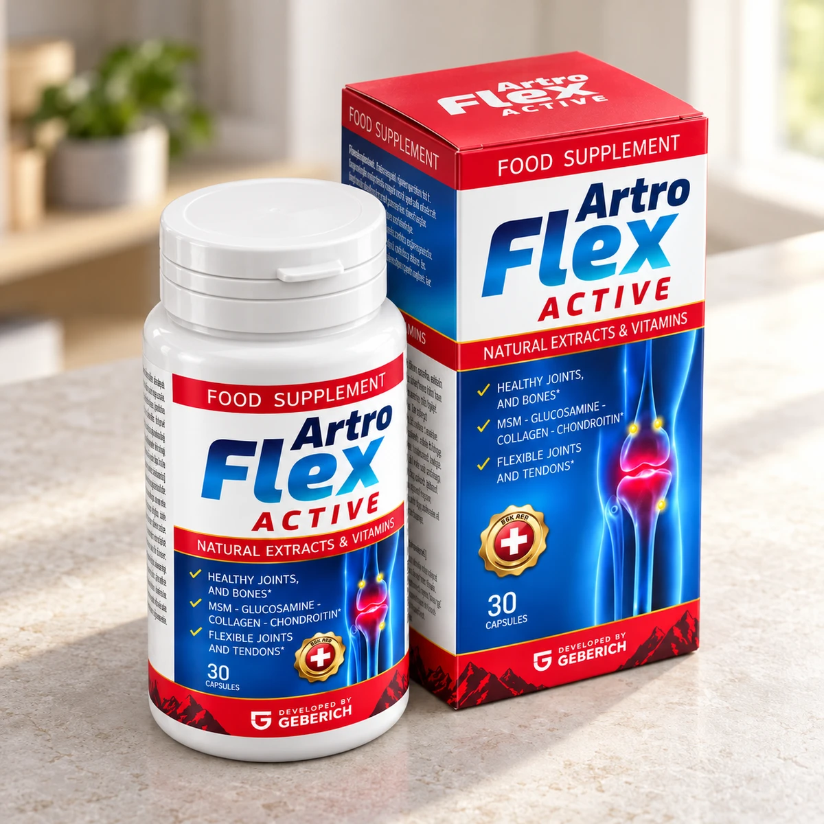 Artroflex Active – barattolo e scatola su un piano di cucina