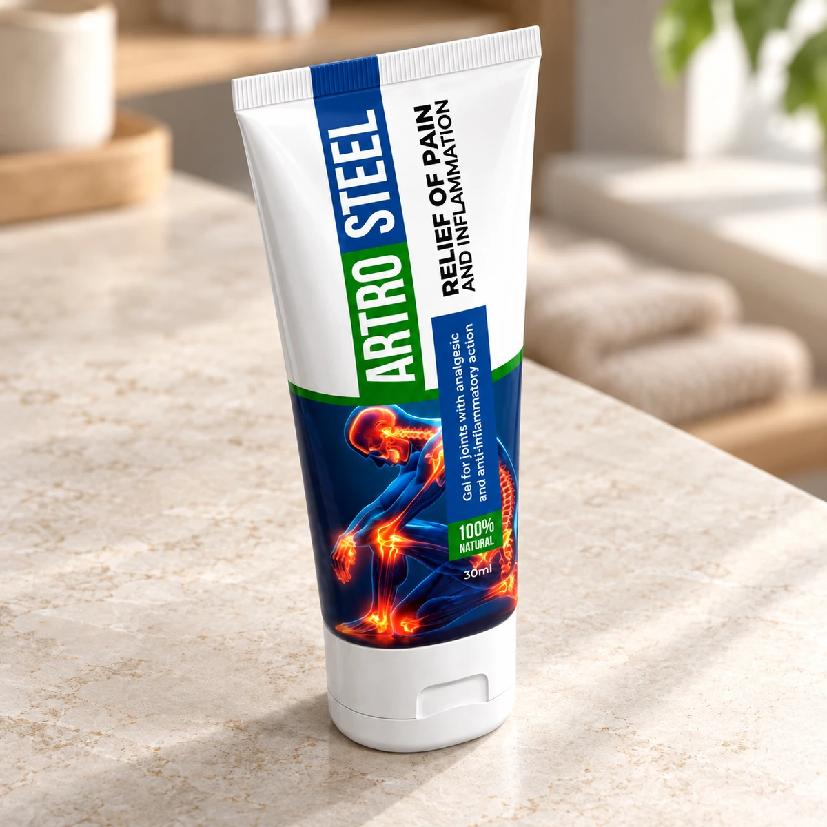 Artrosteel – tubo appoggiato su un ripiano del bagno