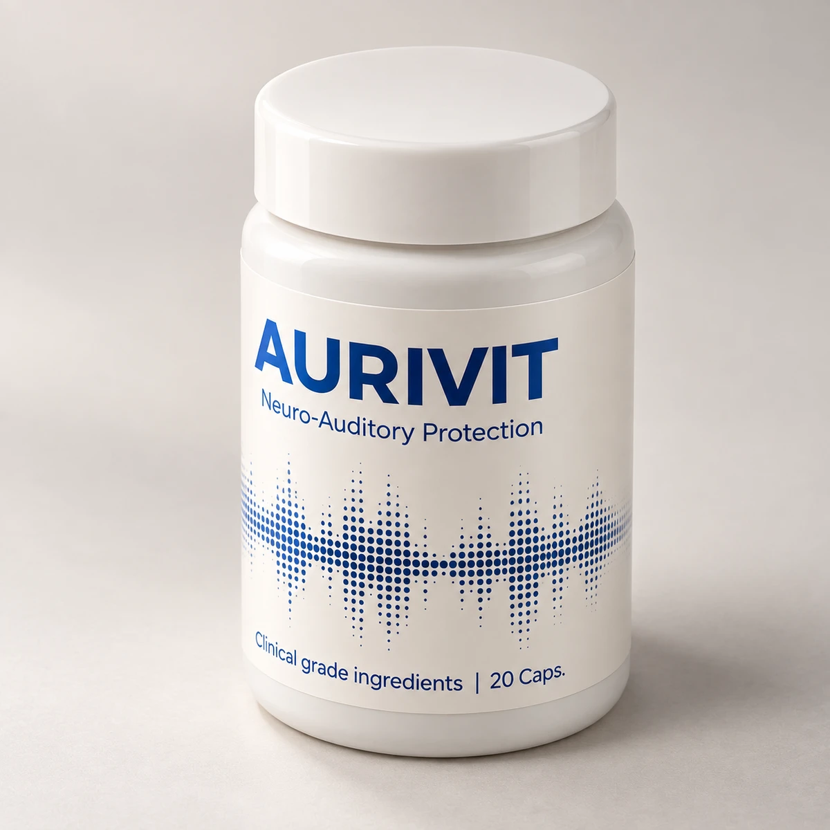 Aurivit – barattolo bianco con onda sonora visto di lato