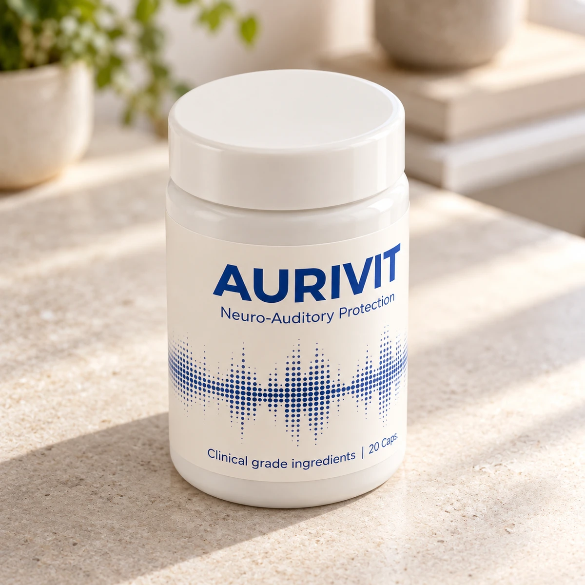 Aurivit – barattolo su un ripiano accanto a una pianta