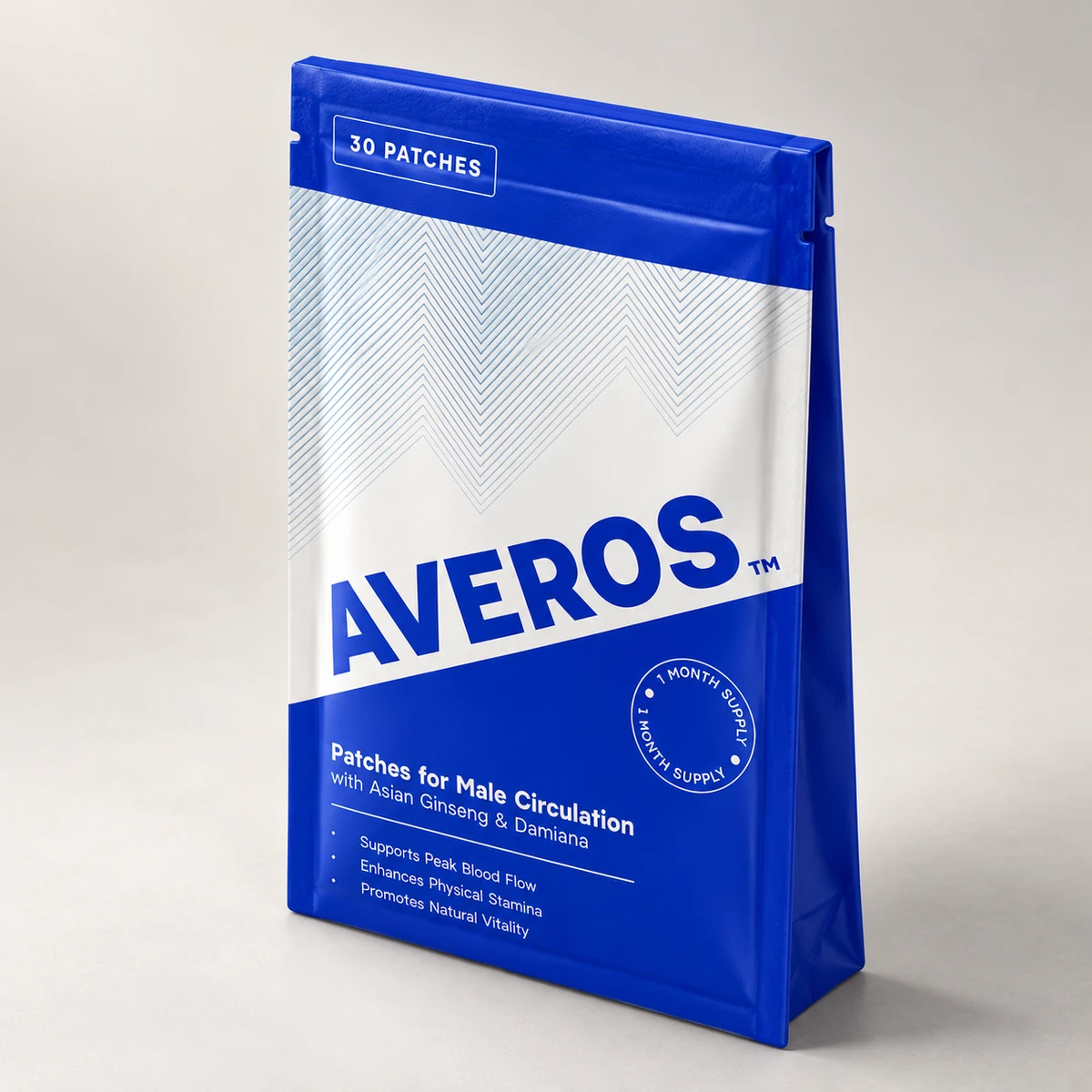 Averos – busta blu di cerotti vista di lato