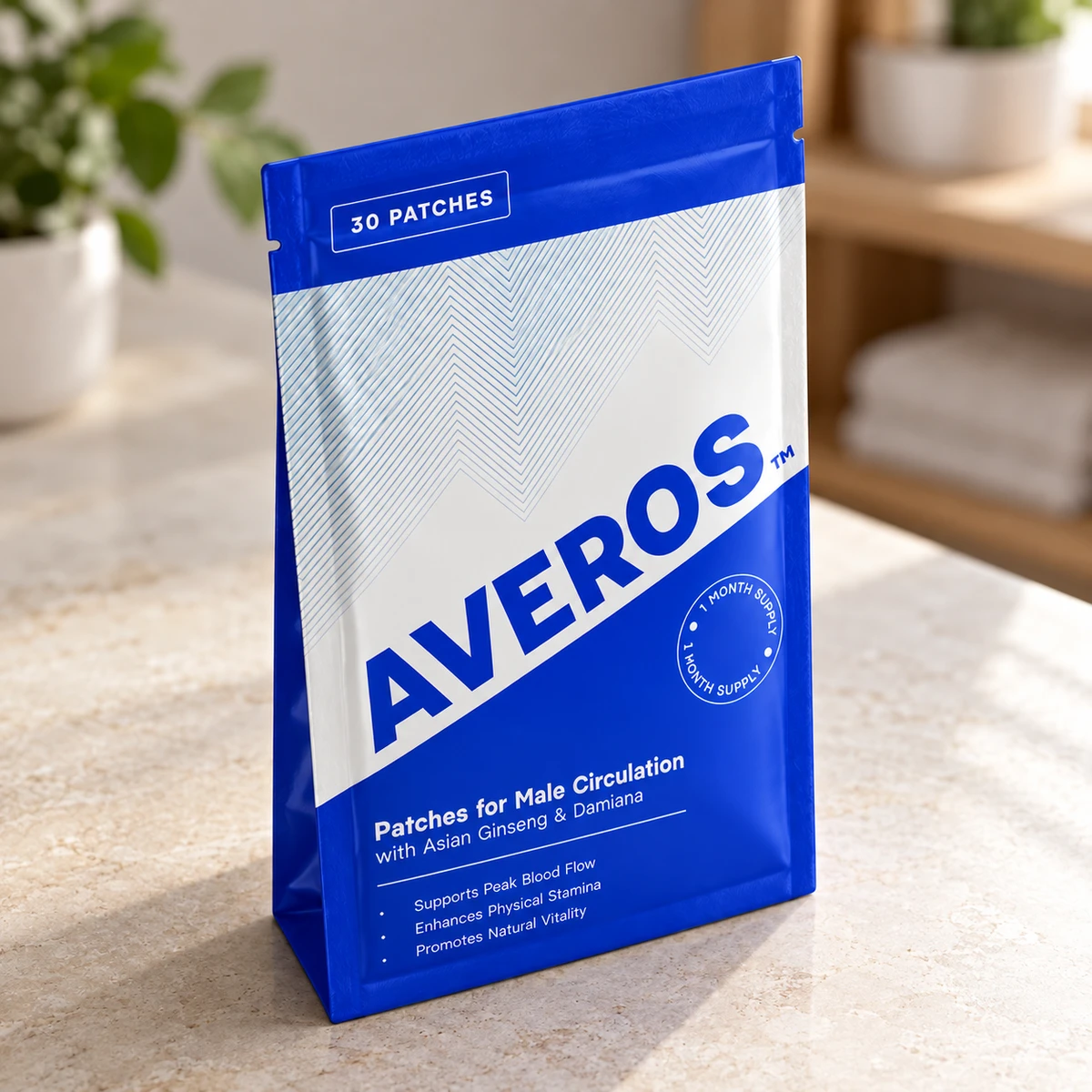 Averos – confezione di cerotti su un ripiano del bagno
