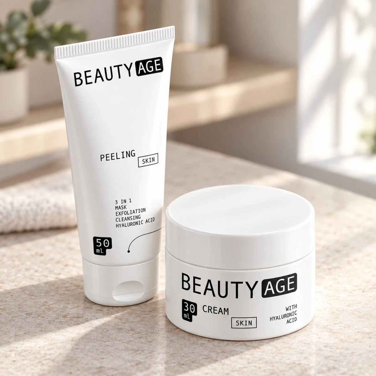 Beauty Age Complex – tubo e vasetto su un ripiano del bagno