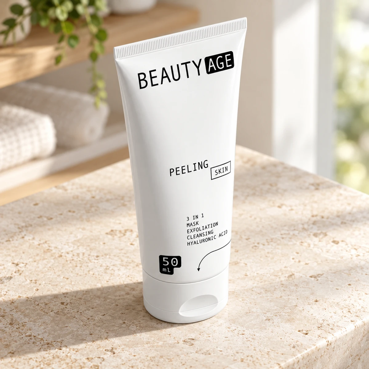 Beauty Age Skin Peeling – tubo su un piano in pietra in bagno