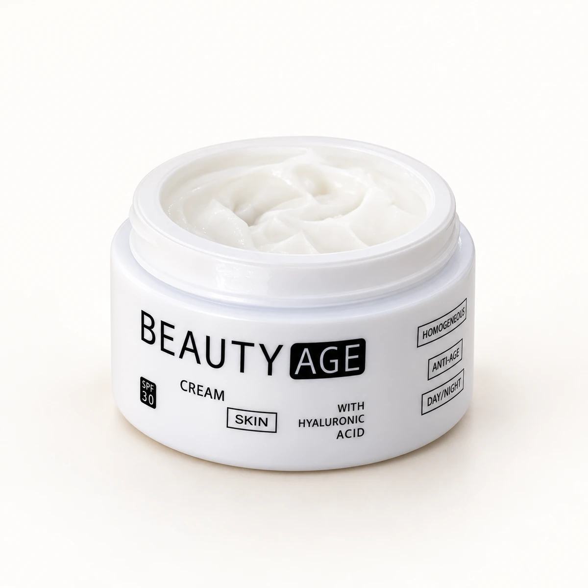 Beauty Age Skin – vasetto aperto di crema antietà con acido ialuronico e SPF 30