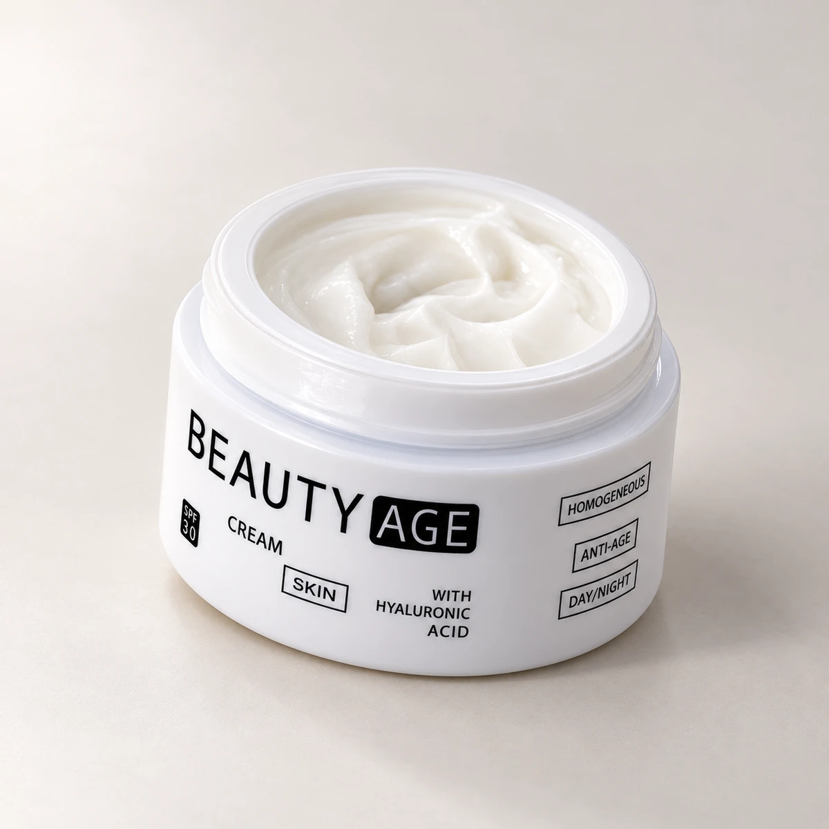 Beauty Age Skin – vasetto di crema visto di lato con la texture bianca