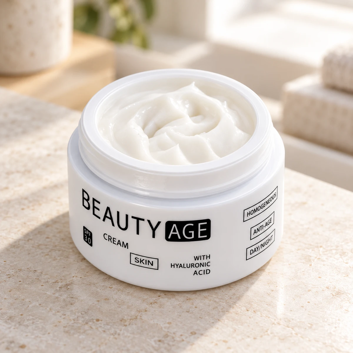 Beauty Age Skin – vasetto di crema su un piano in pietra in bagno