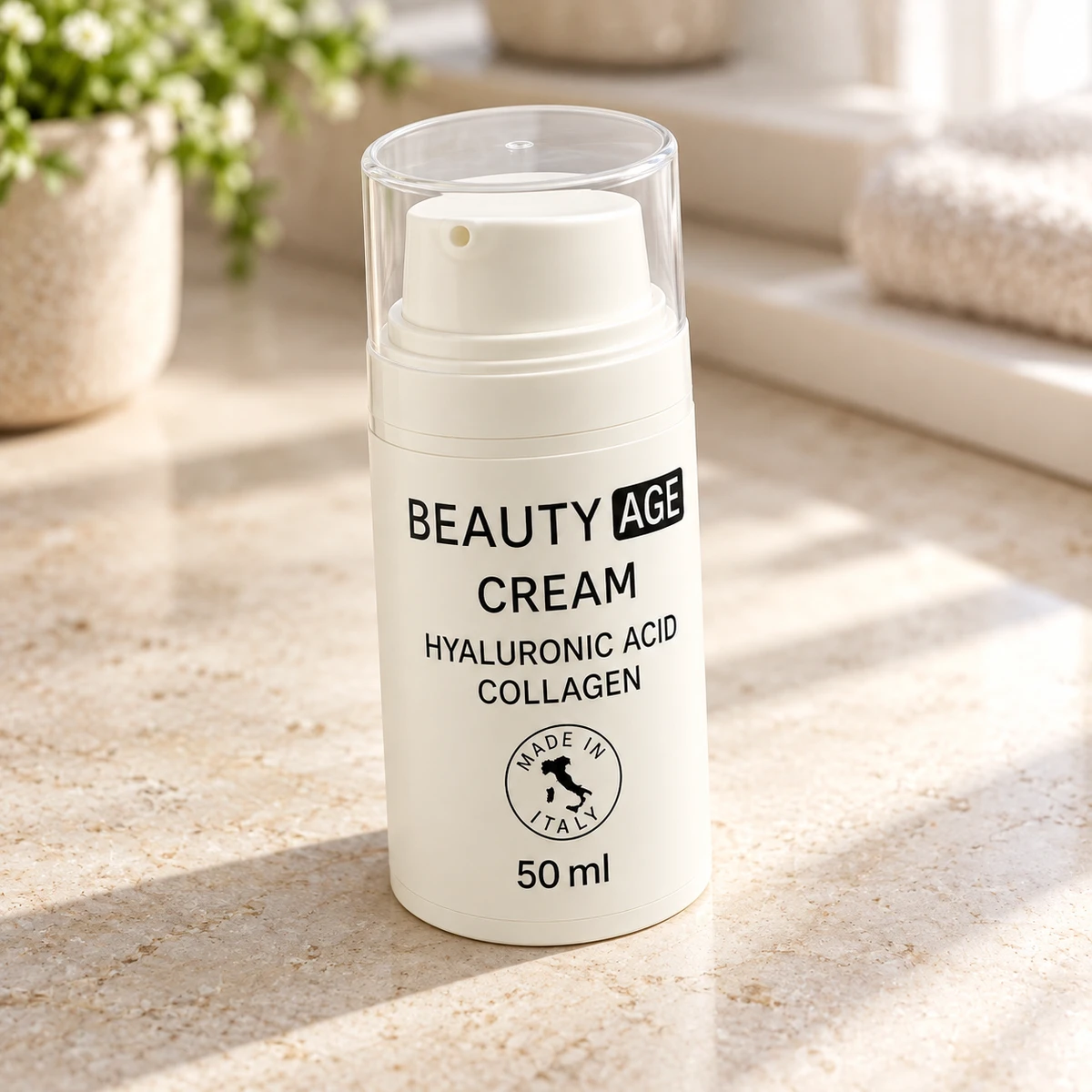 Beauty Age – crema su un ripiano del bagno accanto a una pianta