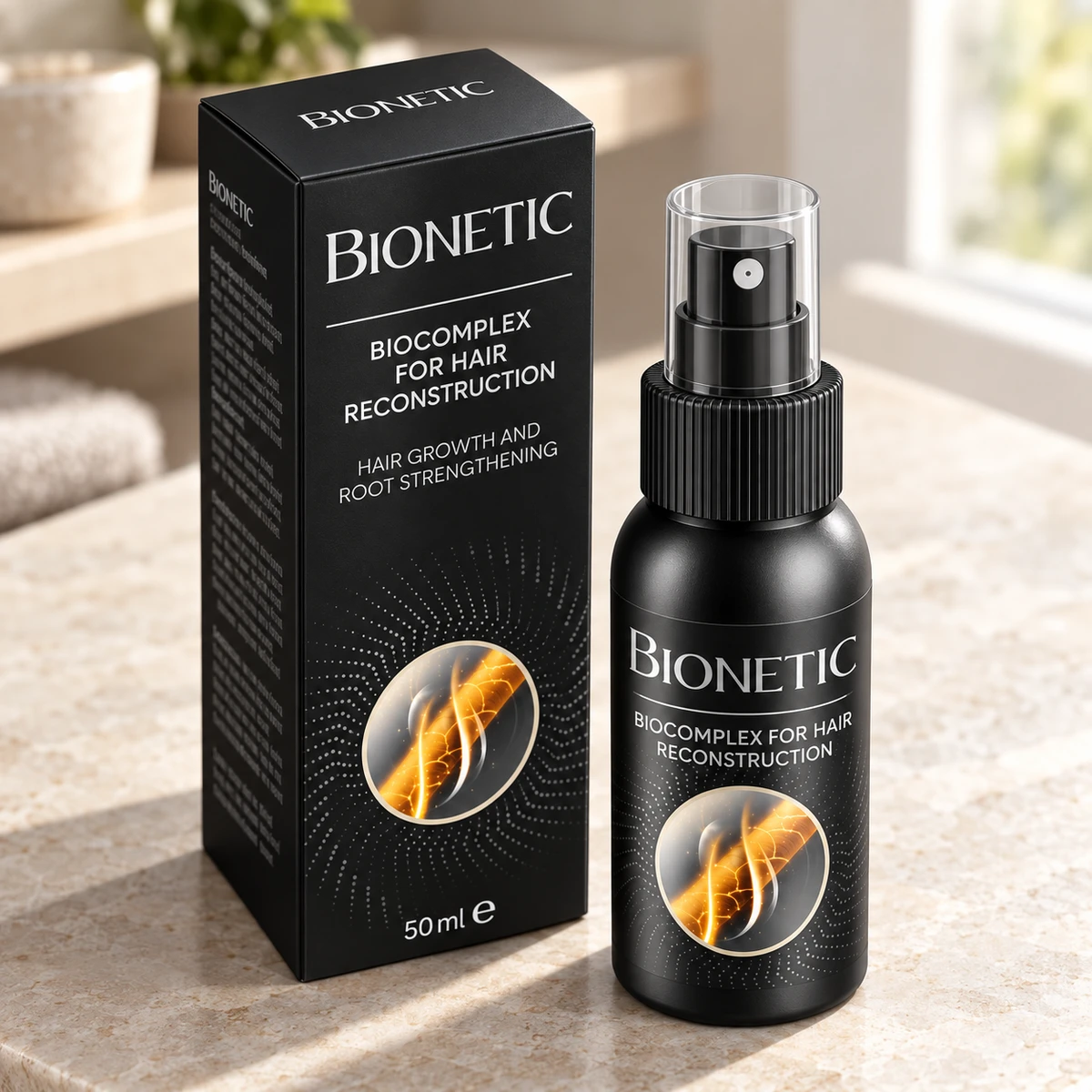 Bionetic – flacone spray e scatola su un piano in pietra