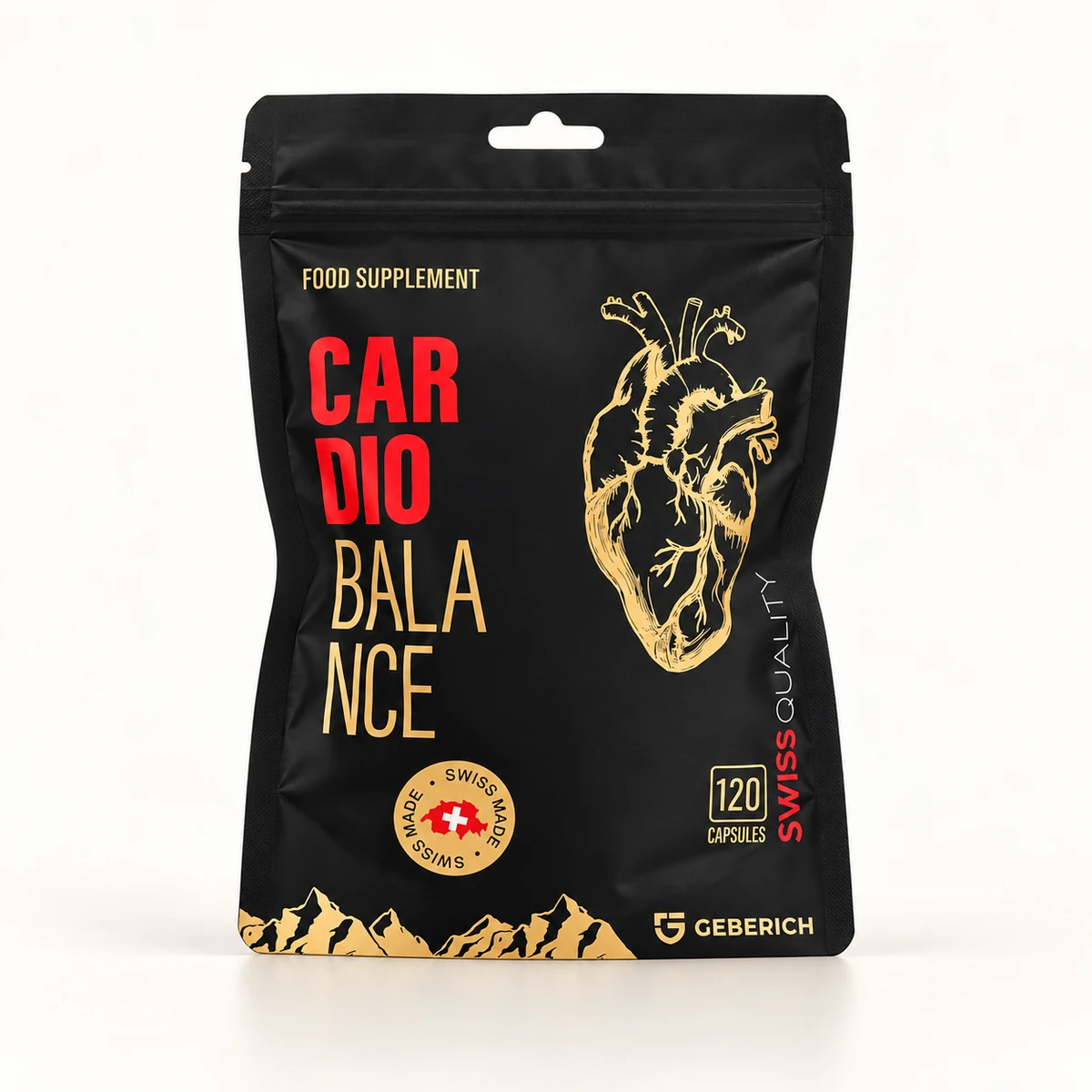 CardioBalance – busta nera da 120 capsule con disegno di cuore dorato