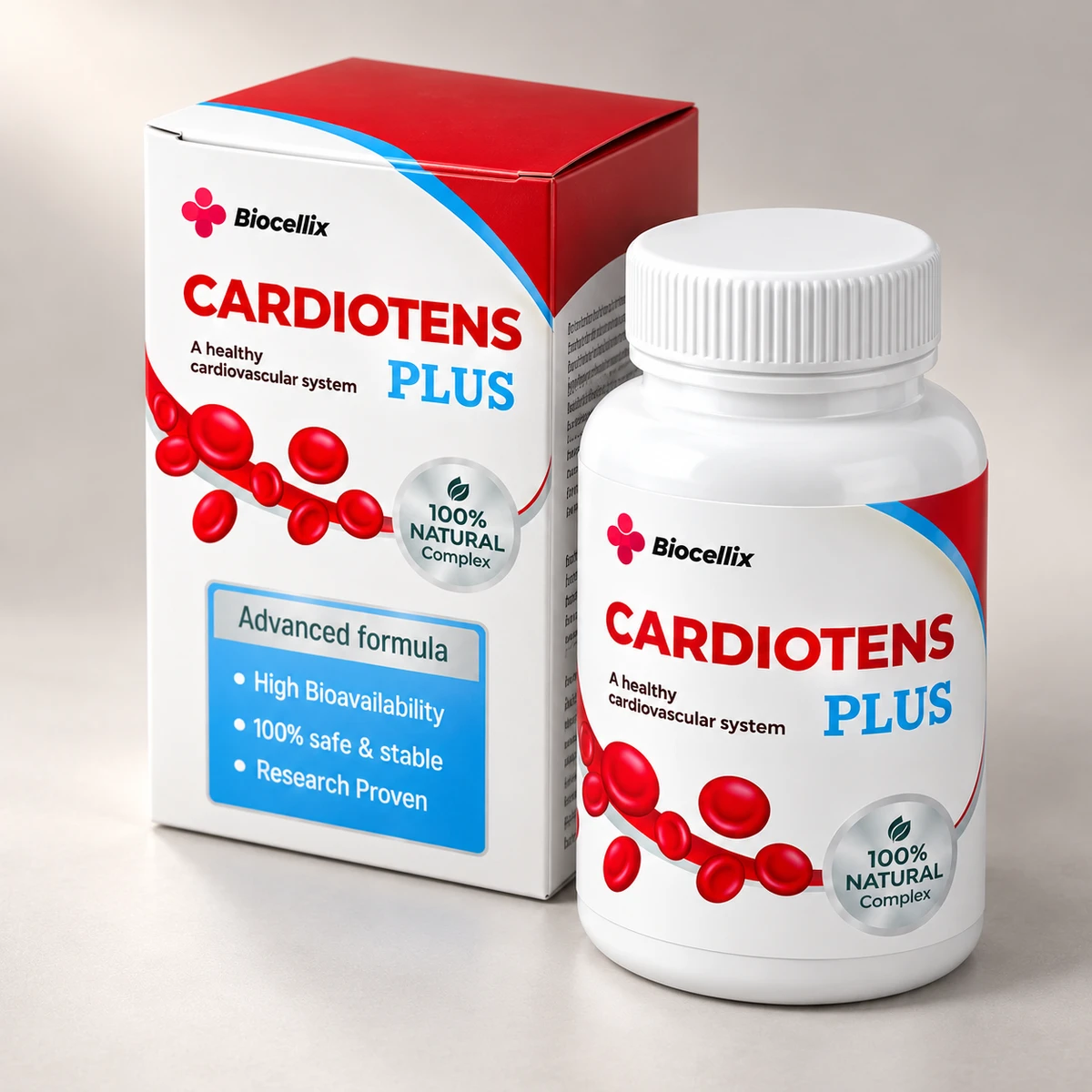 Cardiotens Plus – flacone di capsule davanti alla scatola