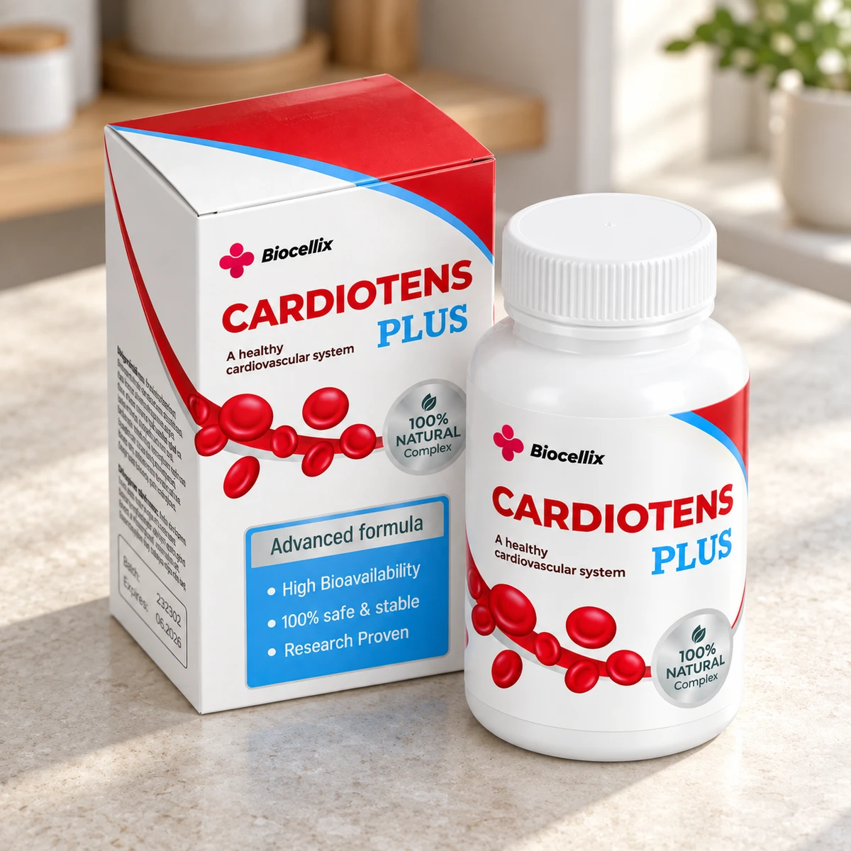 Cardiotens Plus – scatola e flacone su un piano di cucina
