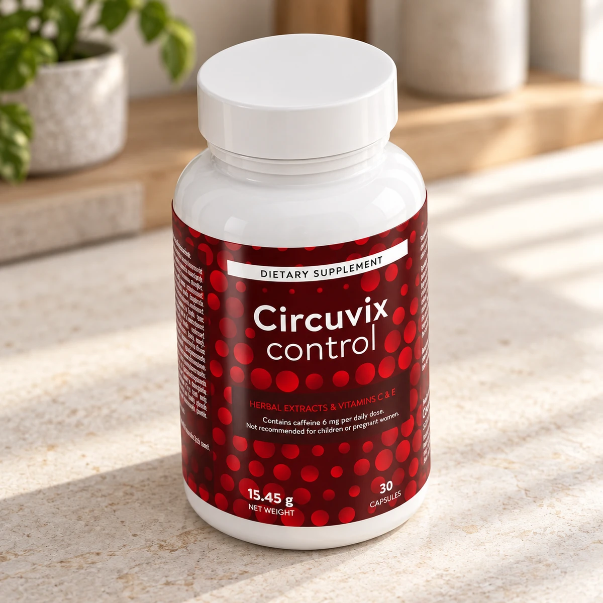 Circuvix Control – flacone di capsule su un piano di cucina alla luce del sole