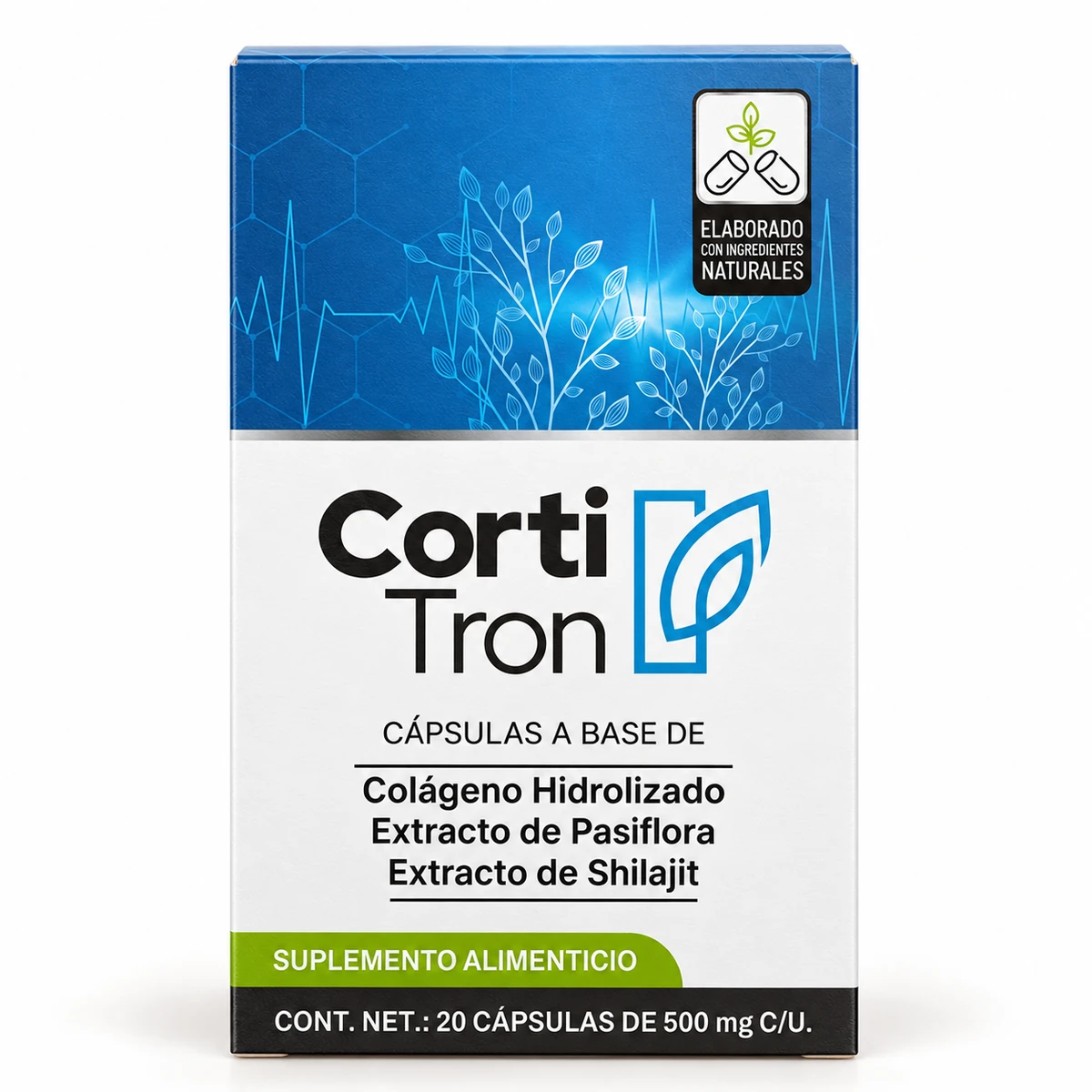 Cortitron – scatola di capsule con collagene idrolizzato, passiflora e shilajit