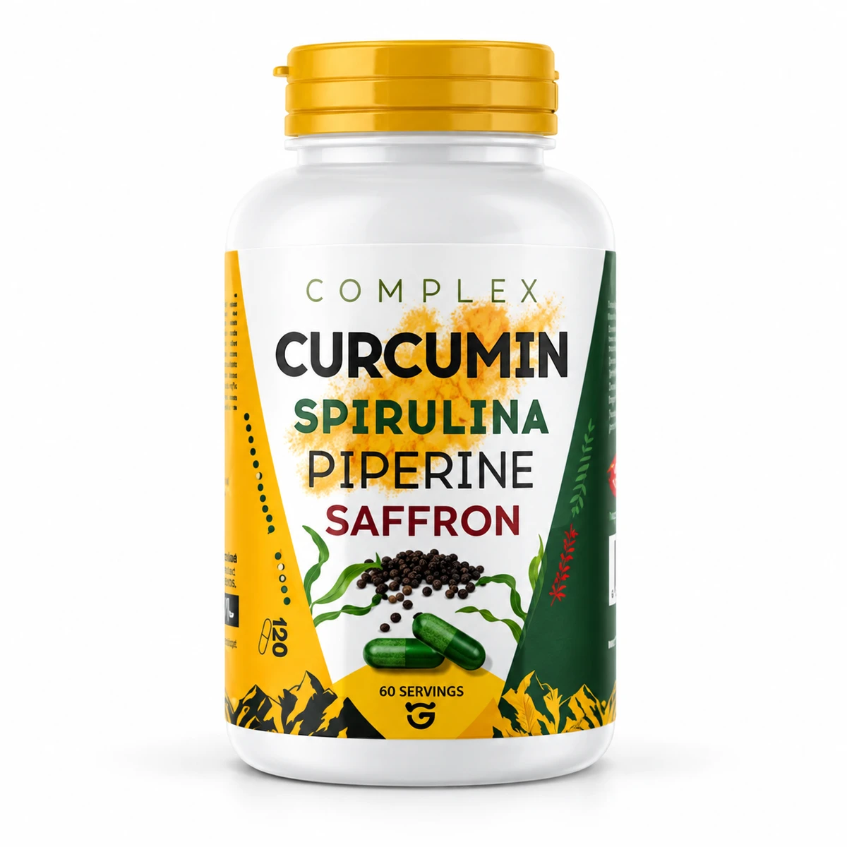 Curcuma – flacone di capsule Complex Curcumin Spirulina Piperine Saffron
