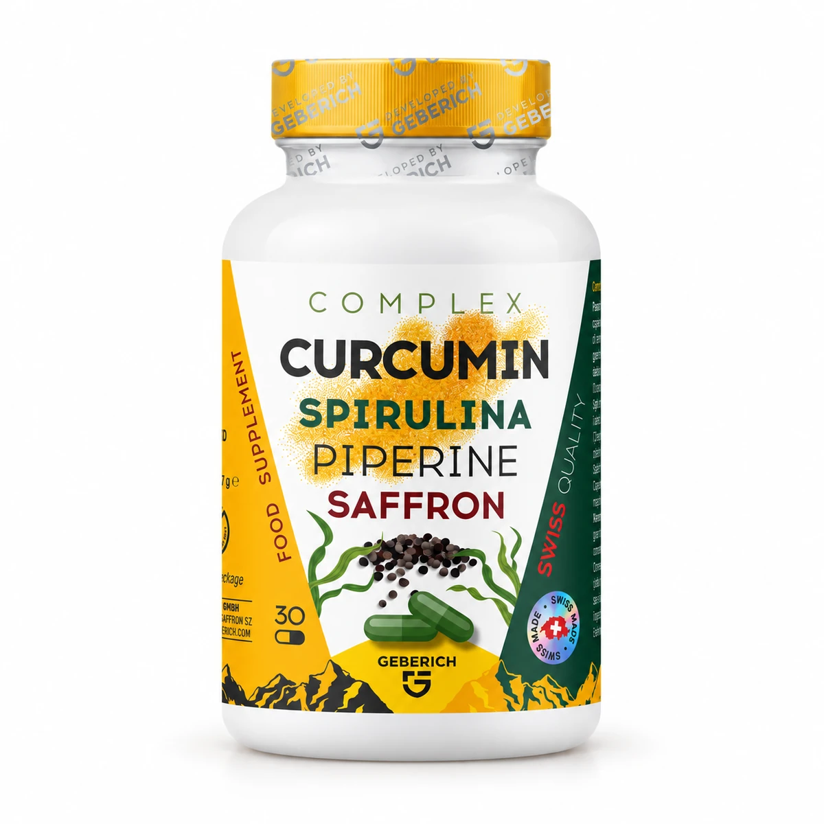 Curcumin Complex – flacone Geberich di capsule con curcuma, spirulina, piperina e zafferano