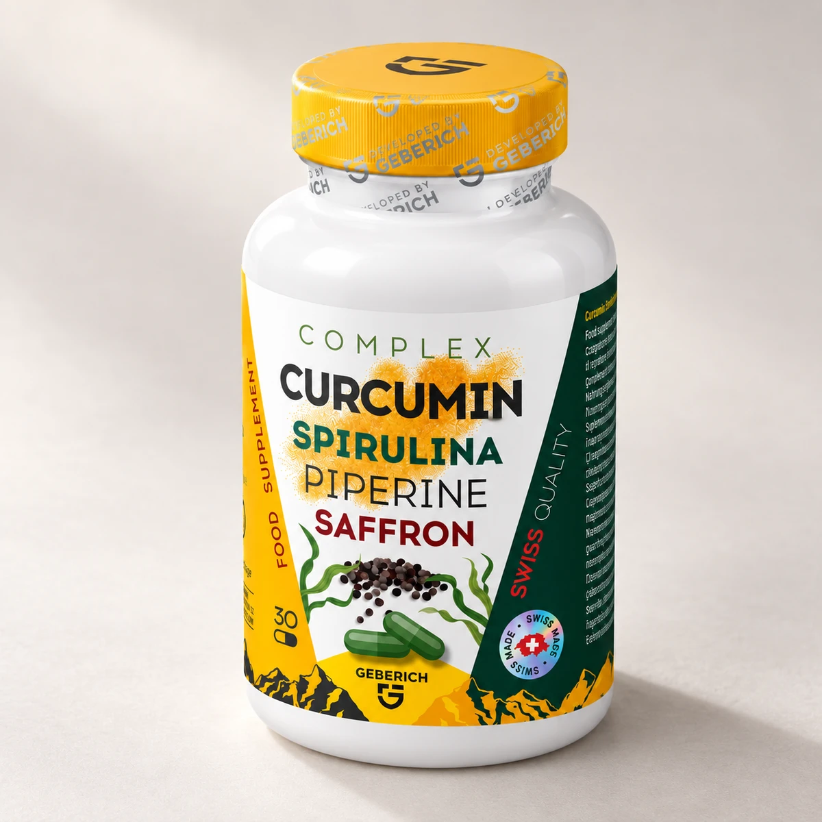Curcumin Complex – flacone con tappo giallo visto di tre quarti
