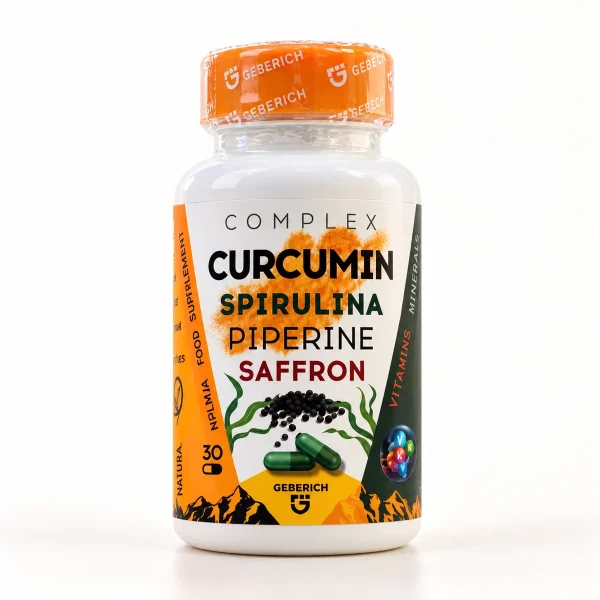 Curcumin Spirulina Piperine – flacone Geberich con etichetta arancione e capsule disegnate