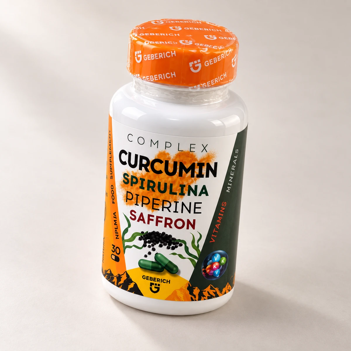 Curcumin Spirulina Piperine – flacone con tappo arancione sigillato visto di tre quarti