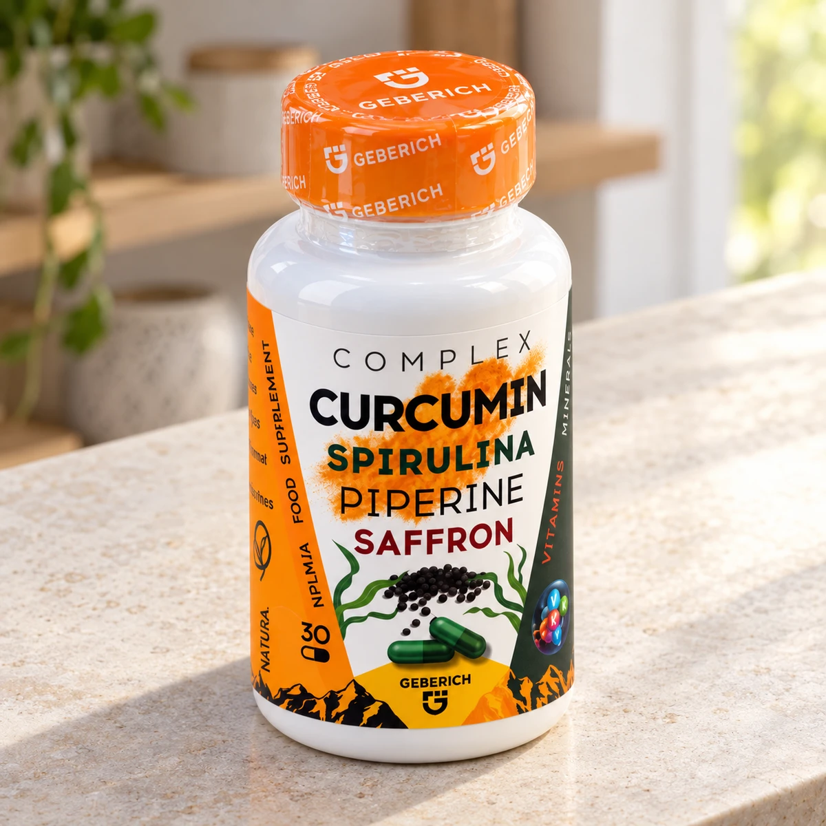 Curcumin Spirulina Piperine – flacone di capsule su un piano in pietra