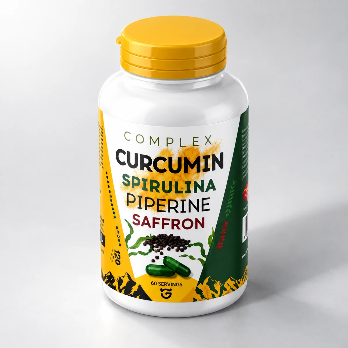 Curcumin – flacone con tappo giallo su fondo grigio chiaro