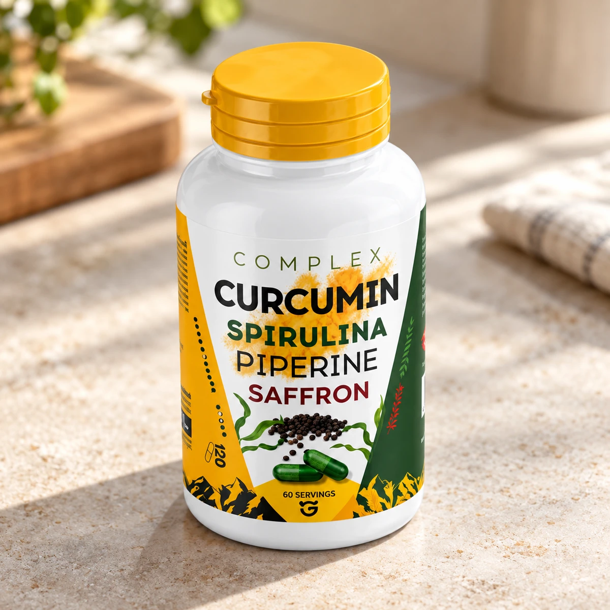 Curcumin – flacone di capsule in cucina accanto a un tagliere