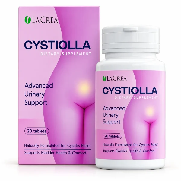 Cystiolla – scatola rosa LaCrea e flacone di compresse per le vie urinarie