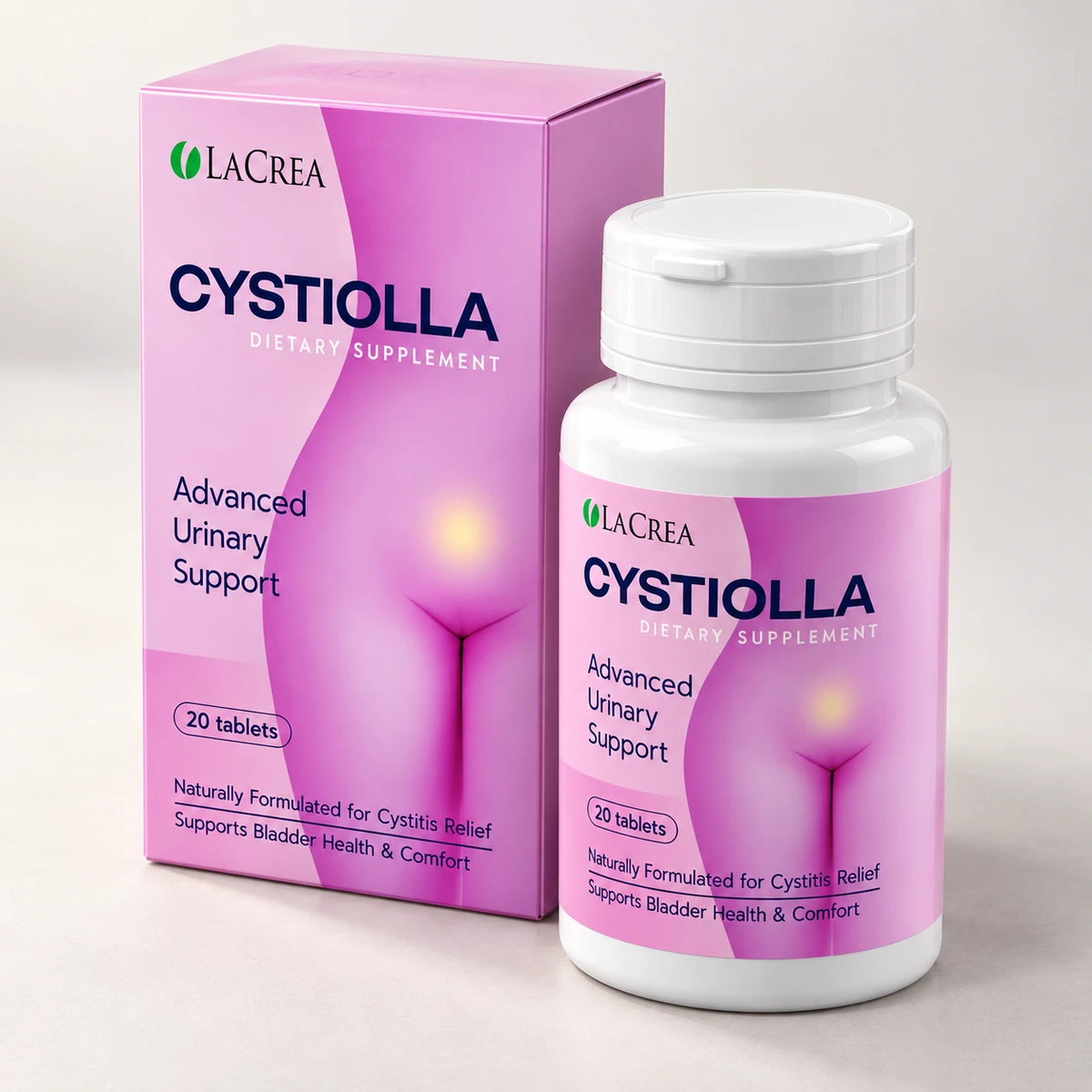 Cystiolla – scatola e flacone da 20 compresse visti di tre quarti