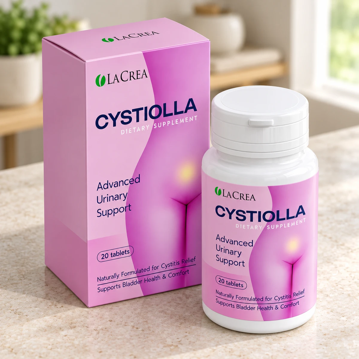 Cystiolla – confezione e flacone su un piano di cucina vicino alla finestra