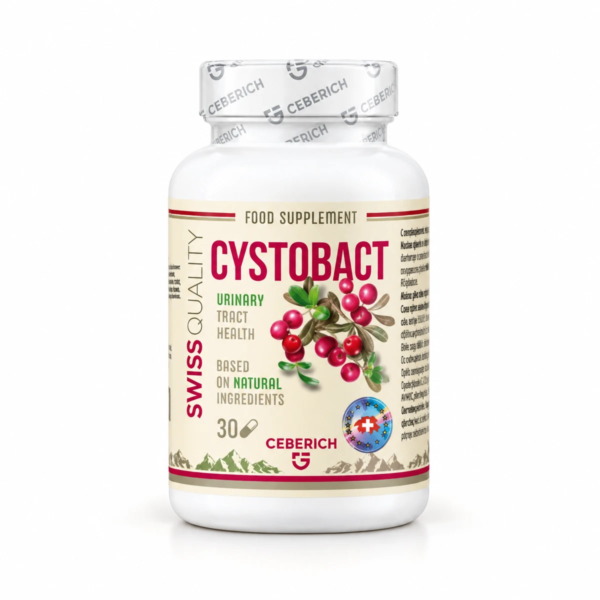 Cystobact – flacone di capsule per le vie urinarie con mirtilli rossi in etichetta