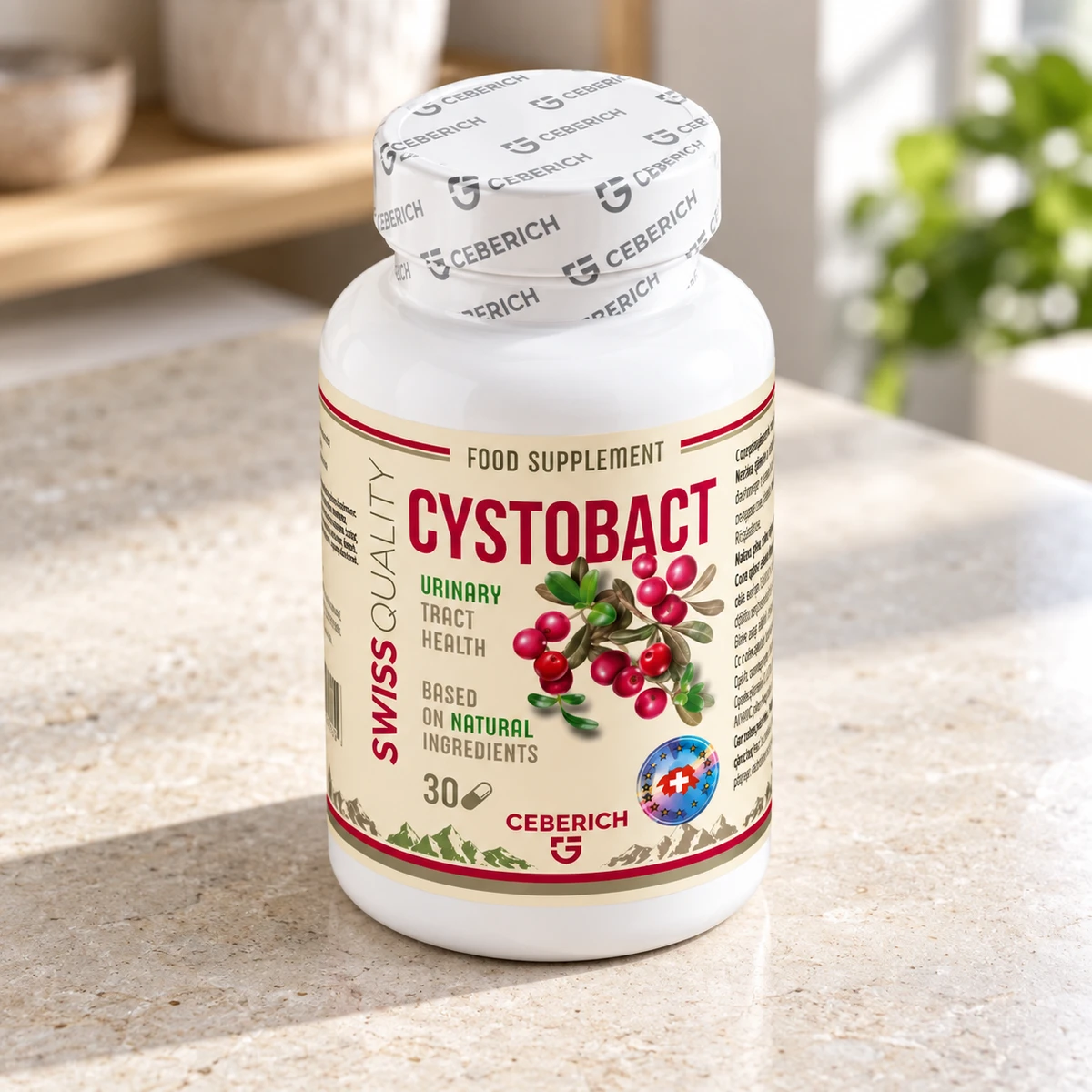 Cystobact – flacone di capsule su un piano in pietra alla luce del sole
