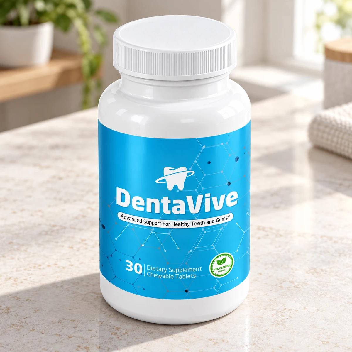 DentaVive – flacone di probiotici masticabili su un ripiano in bagno