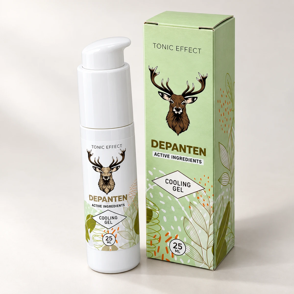 Depanten – flacone con dosatore e confezione con il cervo visti di lato