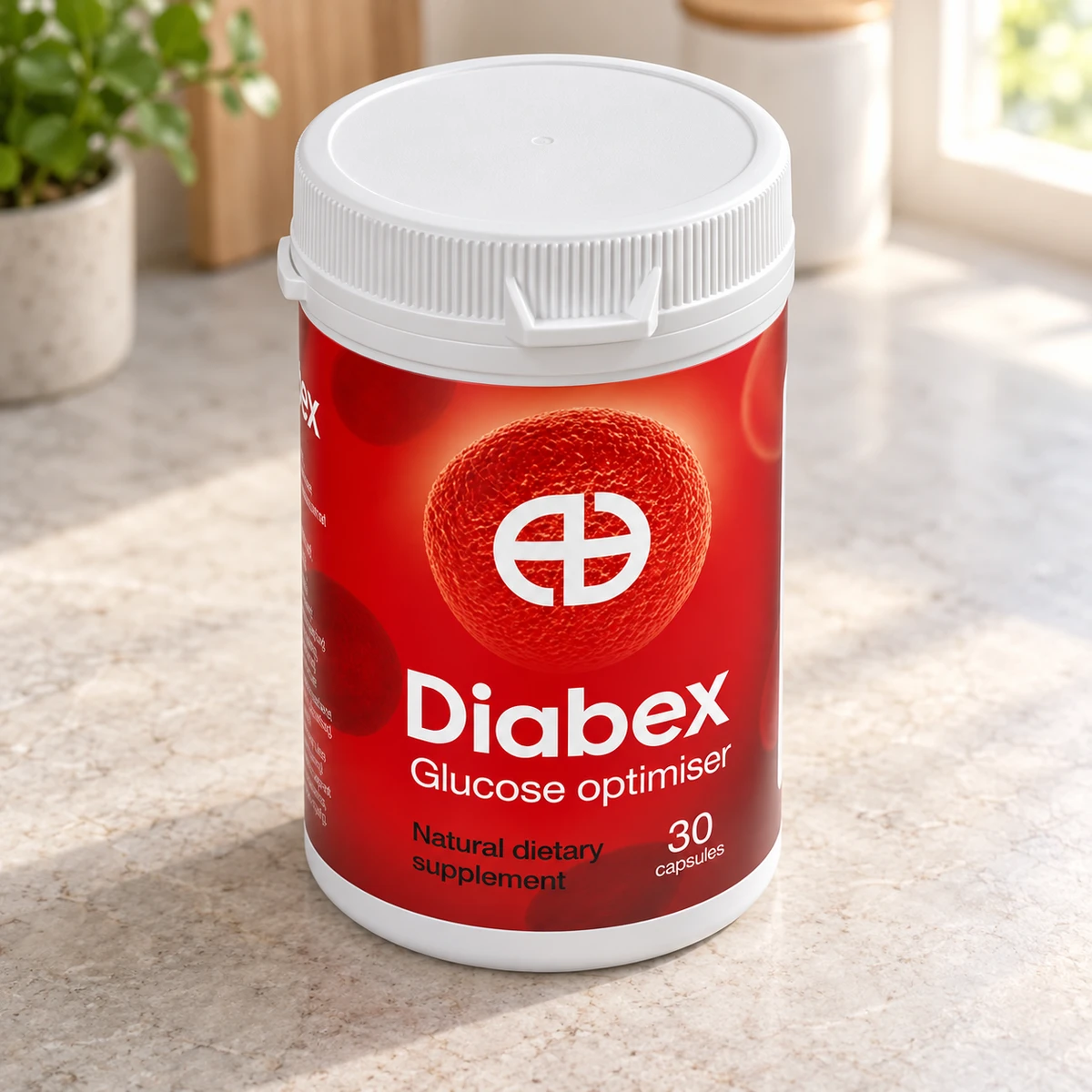 Diabex – barattolo di capsule per la glicemia su un ripiano in cucina