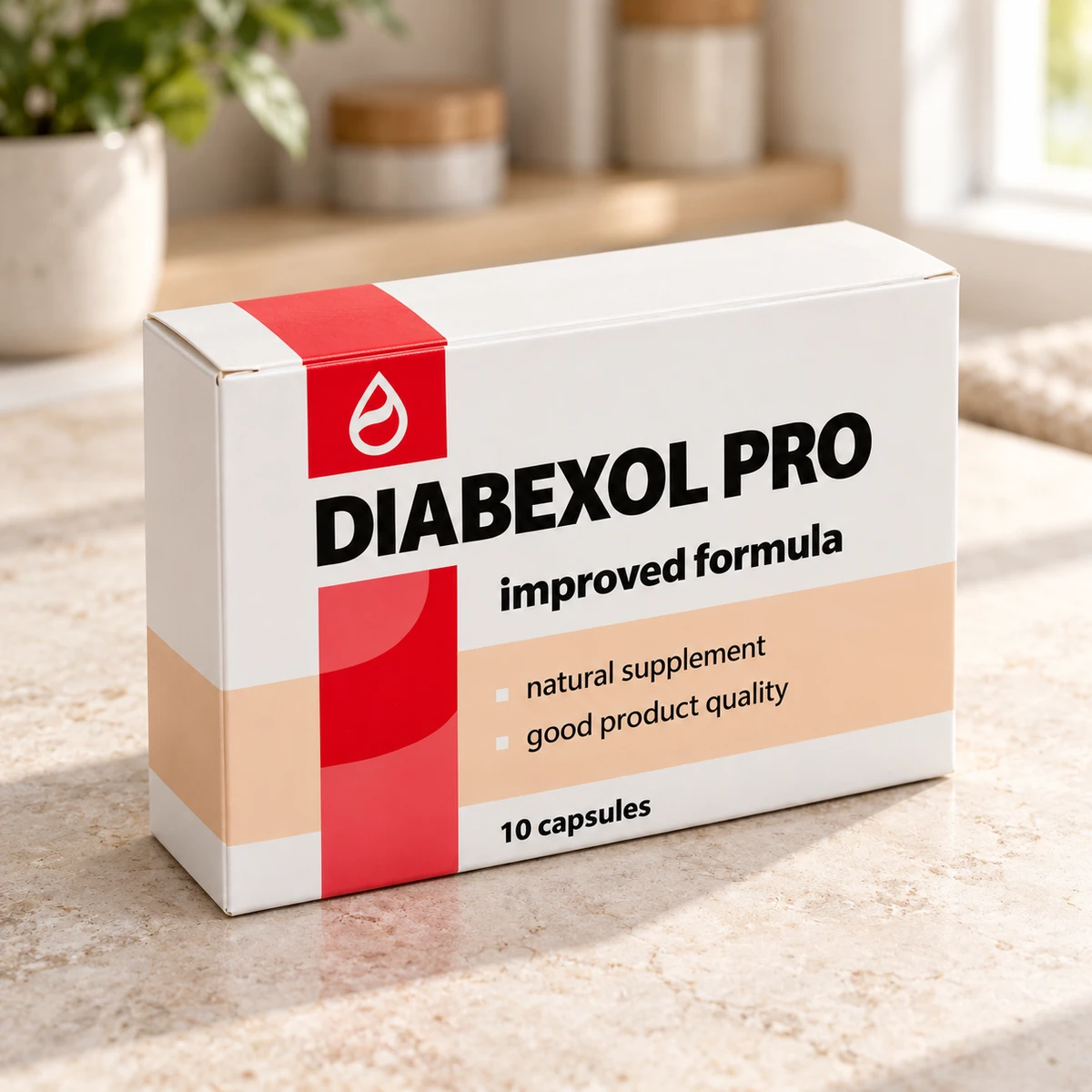Diabexol Pro – scatola di capsule per la glicemia su un ripiano in cucina