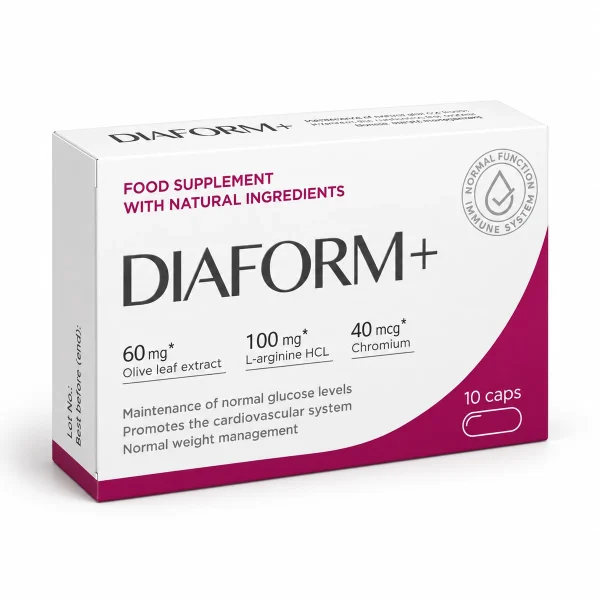 Diaform+ – scatola da 10 capsule bianca e magenta con i dosaggi in evidenza