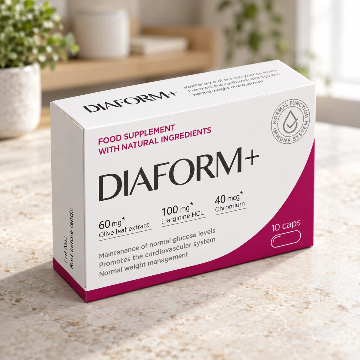 Diaform+ – scatola di capsule per la glicemia su un ripiano in cucina