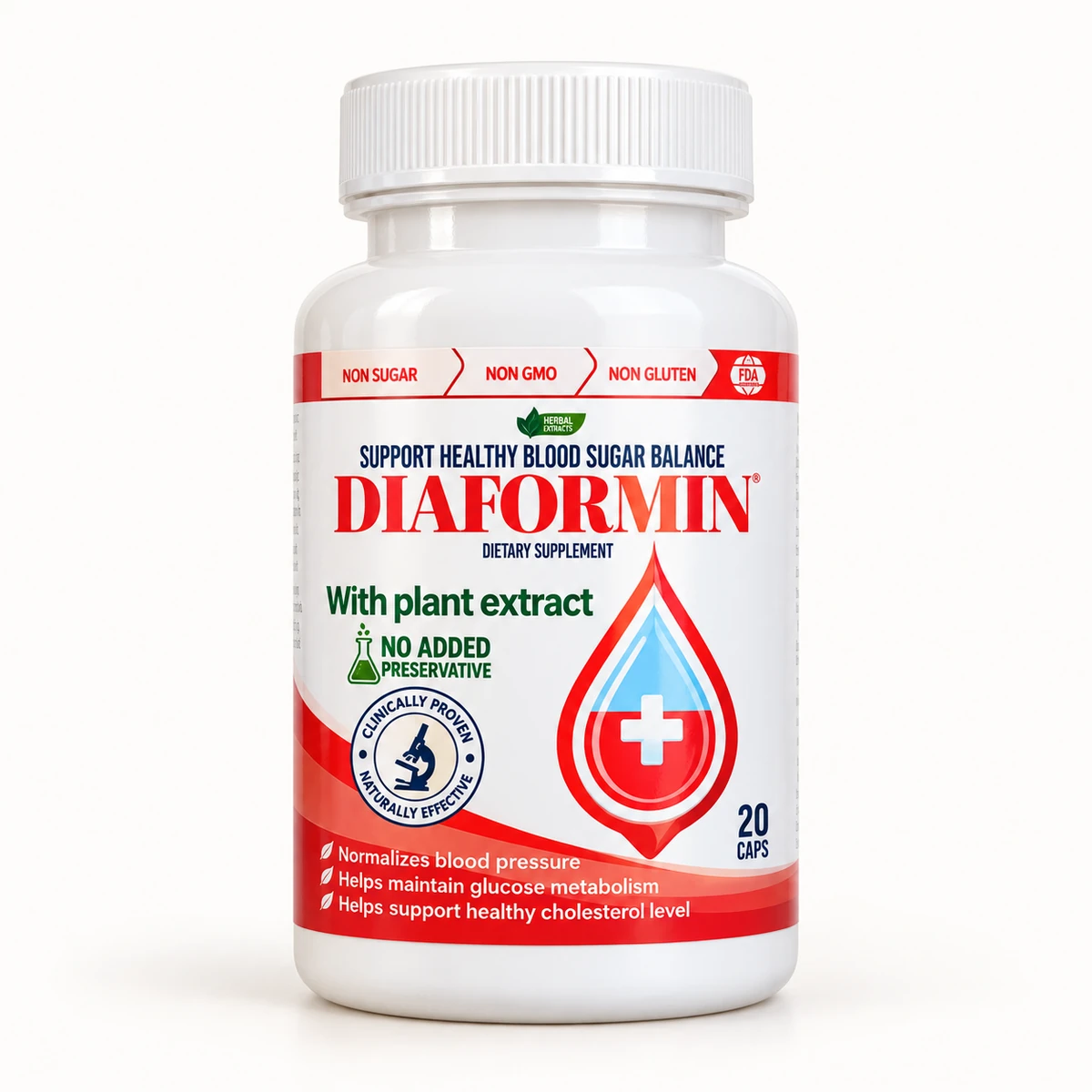 DiaFormin – flacone bianco e rosso da 20 capsule per la glicemia