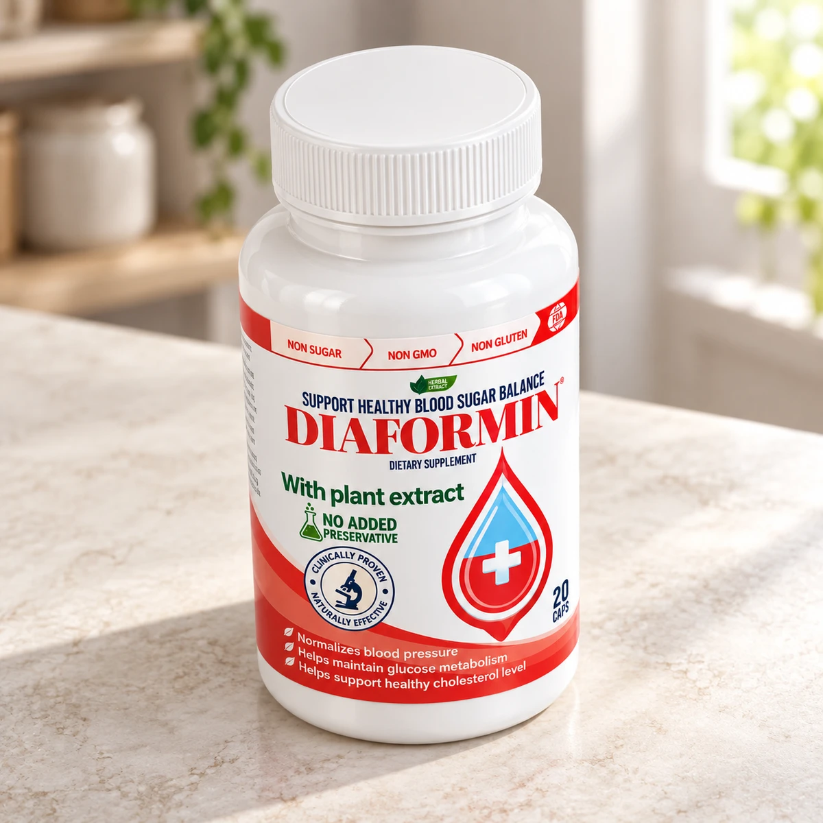 DiaFormin – flacone di capsule su un ripiano in cucina