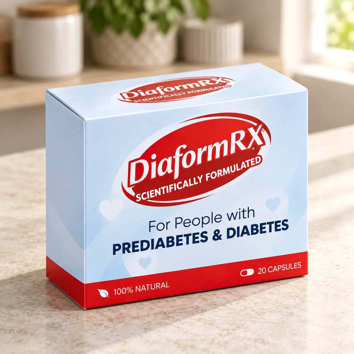 DiaformRX – scatola di capsule per la glicemia su un ripiano in cucina