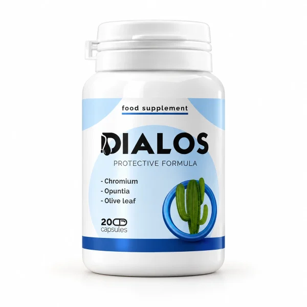 Dialos – flacone di capsule Protective formula con cactus in etichetta