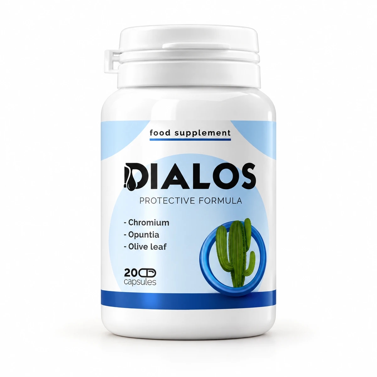 Dialos – flacone di capsule Protective formula con cactus in etichetta