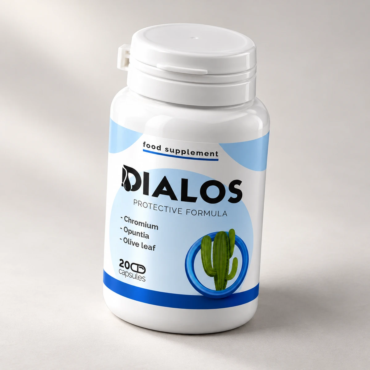 Dialos – flacone da 20 capsule visto di tre quarti
