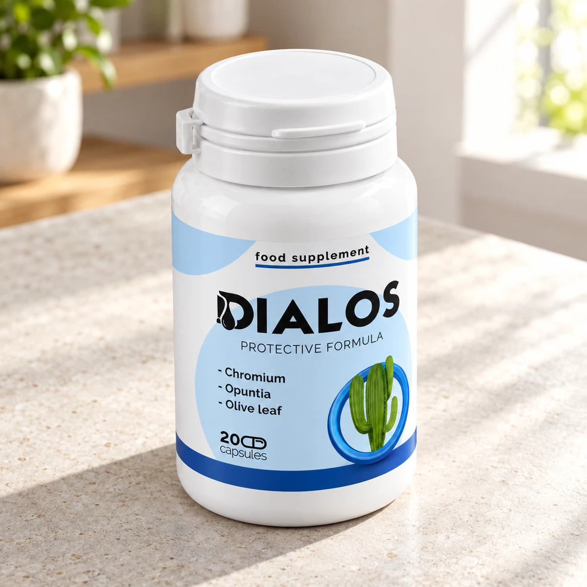 Dialos – flacone di capsule per la glicemia su un ripiano in cucina
